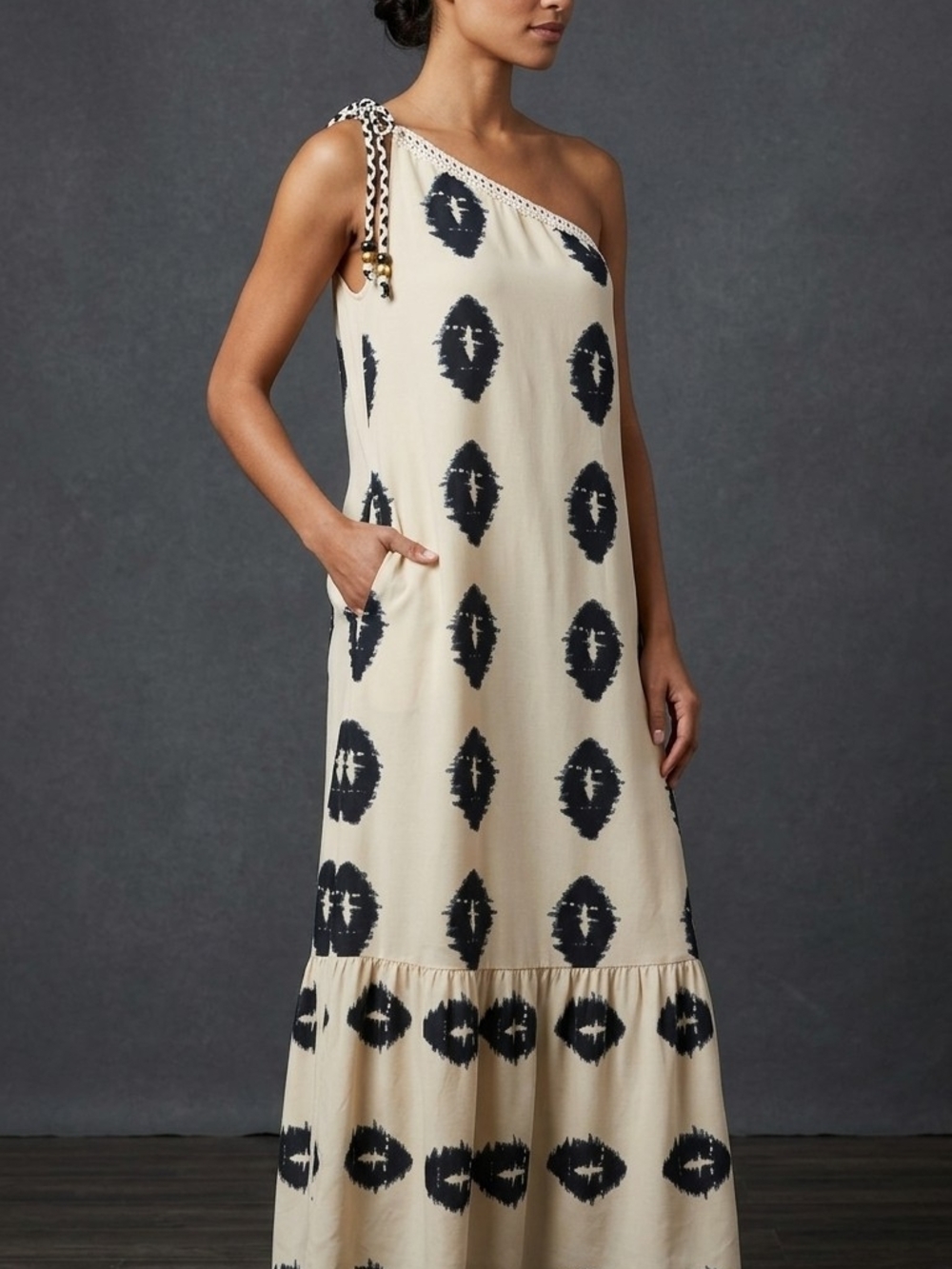 One-Shoulder Cream and Black Printed Maxi Dress with Braided Tie